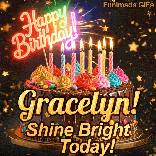 Flickering candles of different colors on top of a chocolate glaze cake with Gracelyn's name in elegant writing.