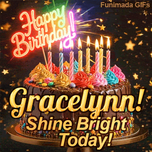 An animated birthday card featuring a detailed chocolate cake under falling gold dust, personalized for Gracelynn.