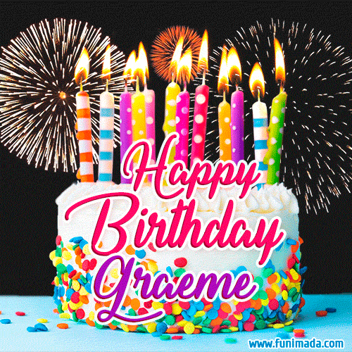 Amazing Animated GIF Image for Graeme with Birthday Cake and Fireworks