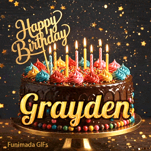 An animated birthday card featuring a detailed chocolate cake under falling gold dust, personalized for Grayden.