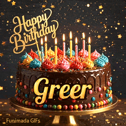 Happy Birthday Greer animated image showcasing a decorated chocolate cake on a pedestal with glowing candles.