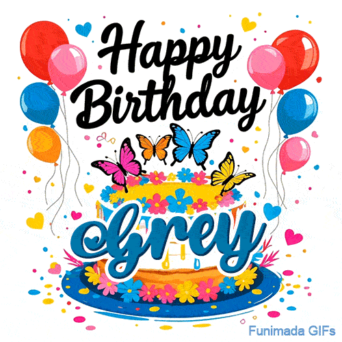 Vibrant clusters of red, pink, blue, and orange balloons on both sides of a decorative butterfly-themed cake for Grey.