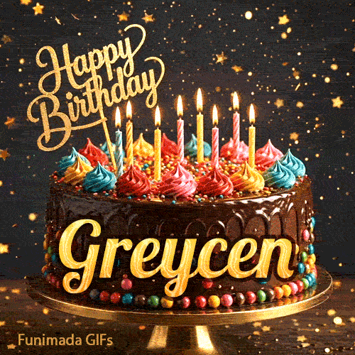 Burning birthday candles on top of a chocolate drip cake decorated with colorful icing dollops and sprinkles, personalized for Greycen.