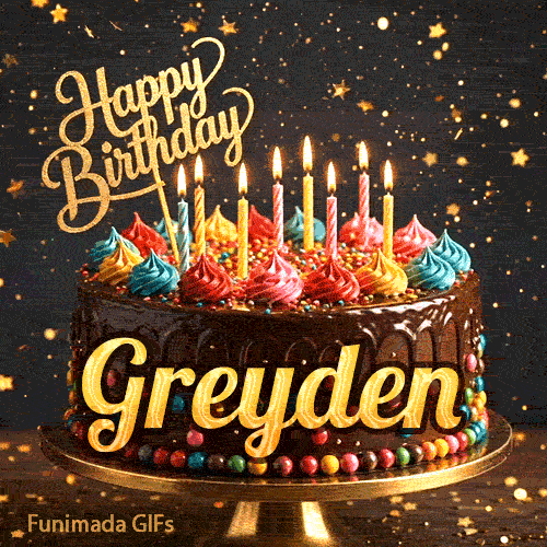 Festive chocolate cake GIF with the name Greyden written on the dark glaze under flickering candles.