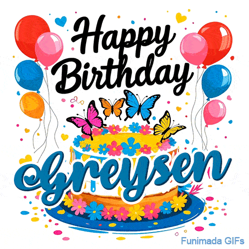 An animated card for Greysen featuring four colorful butterflies on top of a cake decorated with little flowers.