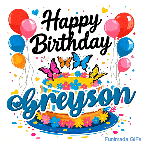 Vibrant balloons and fluttering butterflies on a flower-themed birthday cake animated GIF for Greyson.