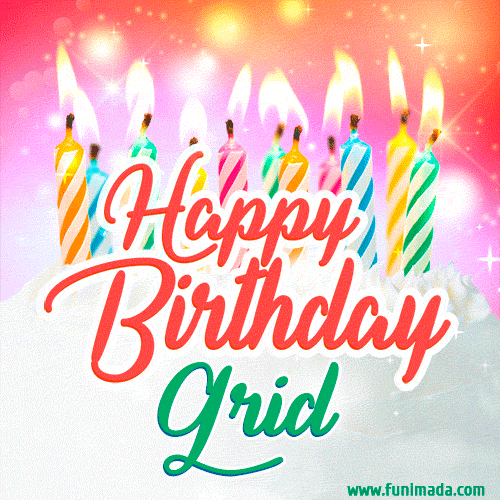 Bright birthday candles with rainbow flames on a cake, alongside the text 'Happy Birthday Grid' in vibrant script in this celebratory animated GIF.