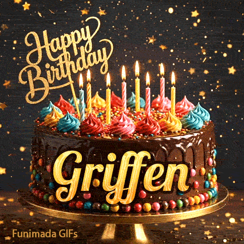 Bold golden lettering spelling Griffen on a gourmet chocolate cake decorated with small colorful candies at the base.