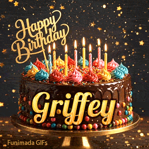 Shimmering animated card featuring a detailed chocolate cake and the name Griffey for his birthday celebration.