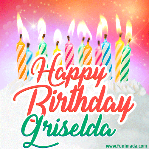 Bright birthday candles with rainbow flames on a cake, alongside the text 'Happy Birthday Griselda' in vibrant script in this celebratory animated GIF.
