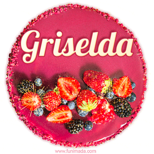 Beautifully decorated red velvet berry birthday cake with vibrant fruits and a glowing 'Griselda' name, adding a touch of sweetness and sparkle.