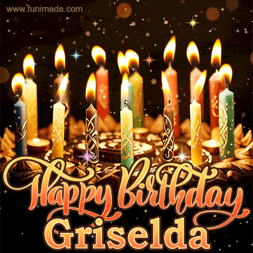 A glowing personalized birthday GIF with name Griselda featuring lit candles with intricate designs, warm lighting, and the text 'Happy Birthday' in an elegant font.