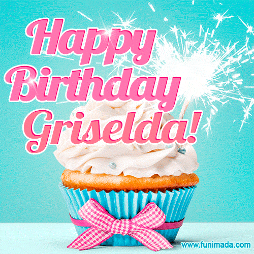 A festive cupcake with pink icing, a gingham bow, and a lit animated sparkler, paired with 'Happy Birthday Griselda!' in bright pink text.