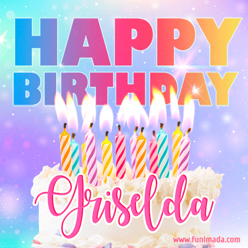 A vibrant animated name GIF with the words 'Happy Birthday Griselda' with colorful candles on a creamy cake. The background sparkles with pastel shades, adding a festive touch.
