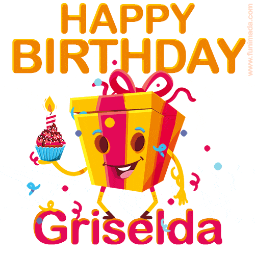 A vibrant and funny gift box character with a happy face dancing with a cupcake and the text 'Happy Birthday Griselda,' surrounded by animated confetti and party vibes.