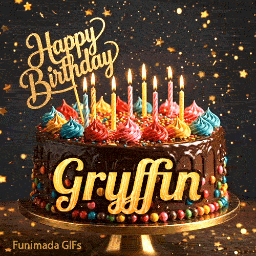 Animated chocolate cake for Gryffin's birthday with colorful whipped cream, burning candles, and a gold Happy Birthday topper.