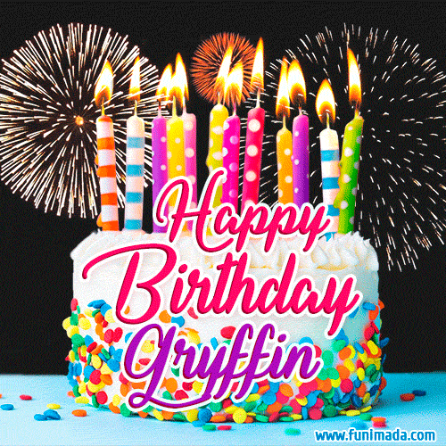 Amazing Animated GIF Image for Gryffin with Birthday Cake and Fireworks