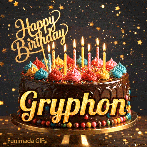 Glittery dark background with golden stars behind a chocolate birthday cake with the name Gryphon written on the front.