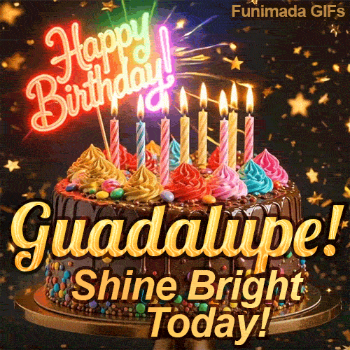Close-up of a chocolate birthday cake with multicolored frosting swirls and colorful candy beads around the gold base. Guadalupe