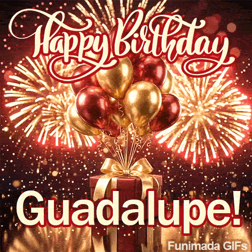Close-up of metallic red and gold party balloons tied to a decorative present box with Guadalupes name on a gold stand.