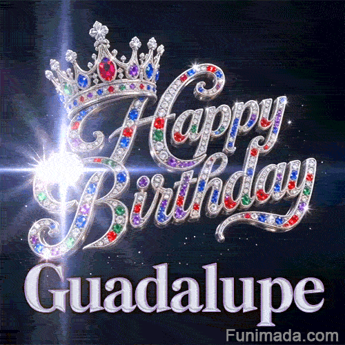 A detailed silver queen crown with colorful gemstone highlights resting on diamond-encrusted cursive letters.Guadalupe