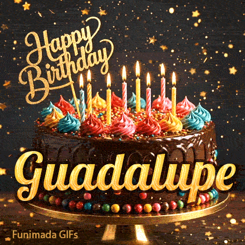 Flickering candles on top of a decorated chocolate cake with multicolored frosting swirls for Guadalupe's birthday celebration.