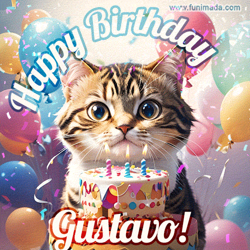 Happy birthday gif for Gustavo with cat and cake
