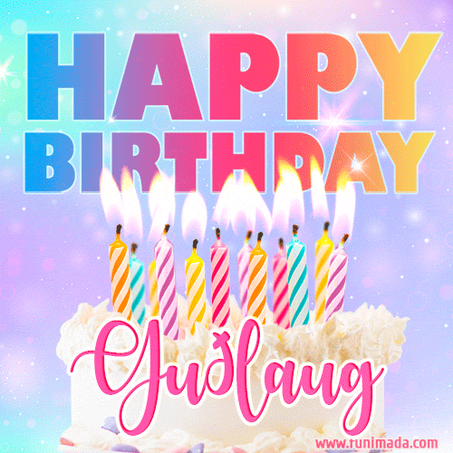 A vibrant animated name GIF with the words 'Happy Birthday Guðlaug' with colorful candles on a creamy cake. The background sparkles with pastel shades, adding a festive touch.