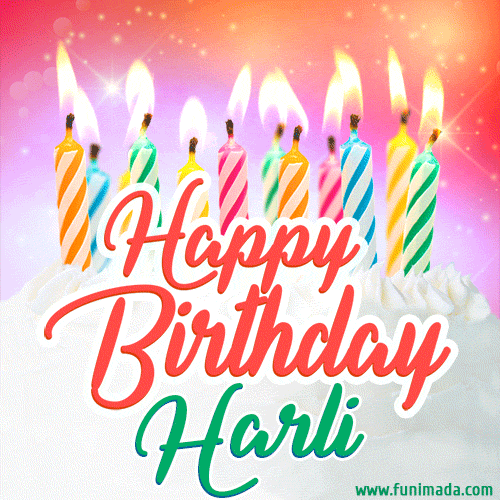 Bright birthday candles with rainbow flames on a cake, alongside the text 'Happy Birthday Harli' in vibrant script in this celebratory animated GIF.
