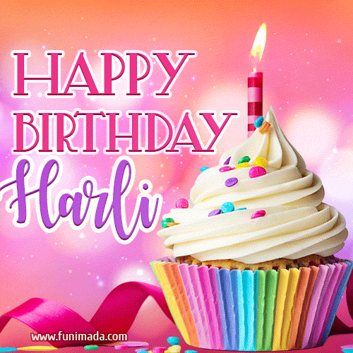 A vibrant birthday GIF featuring a rainbow-colored cupcake topped with white frosting, sprinkles, and a lit candle. The text reads 'Happy Birthday Harli' in bold pink and violet letters with white outline.