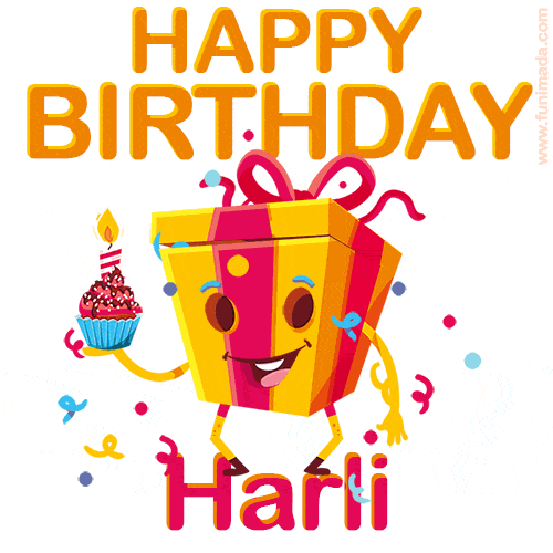 A vibrant and funny gift box character with a happy face dancing with a cupcake and the text 'Happy Birthday Harli,' surrounded by animated confetti and party vibes.