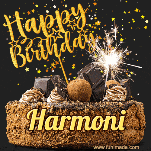 Celebrate Harmoni's birthday with a GIF featuring chocolate cake, a lit sparkler, and golden stars