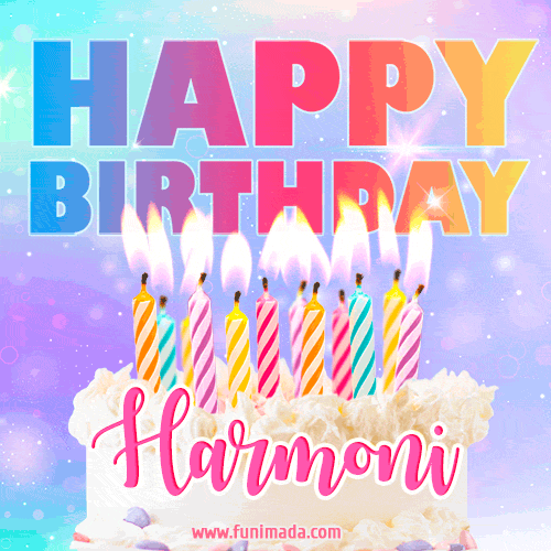 Animated Happy Birthday Cake with Name Harmoni and Burning Candles