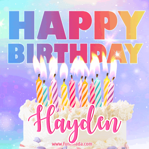 Animated Happy Birthday Cake with Name Hayden and Burning Candles