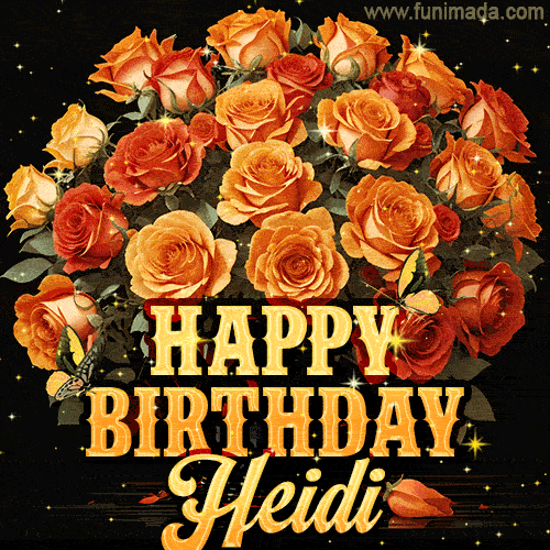 Beautiful bouquet of orange and red roses for Heidi, golden inscription and twinkling stars