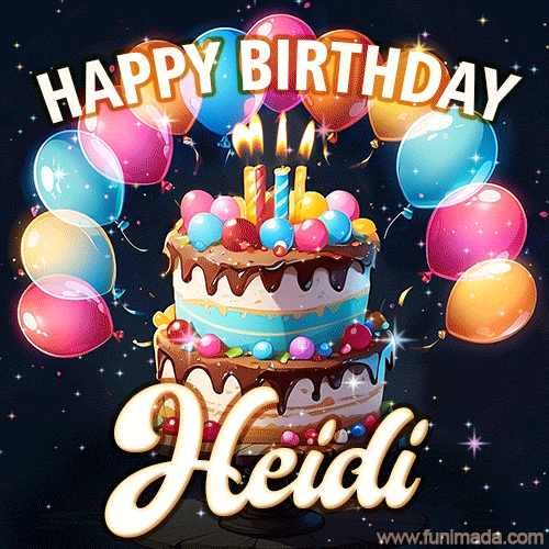 Hand-drawn happy birthday cake adorned with an arch of colorful balloons - name GIF for Heidi