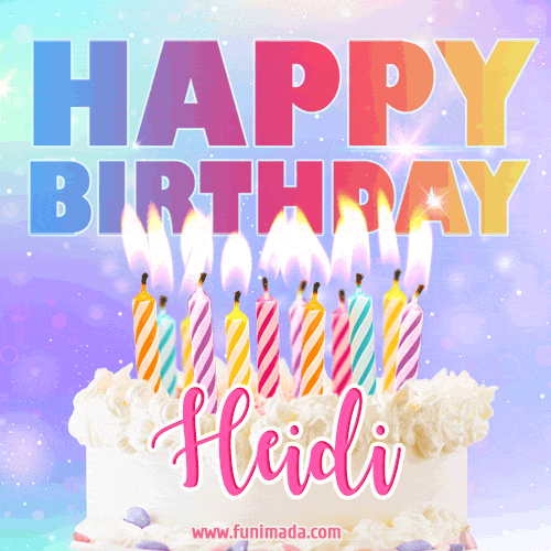Animated Happy Birthday Cake with Name Heidi and Burning Candles