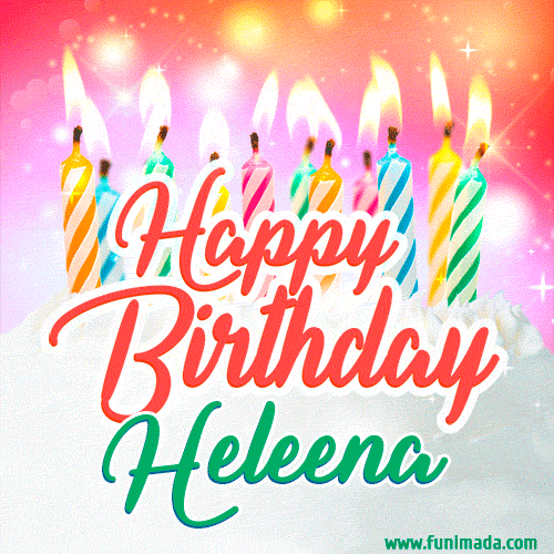Happy Birthday GIF for Heleena with Birthday Cake and Lit Candles