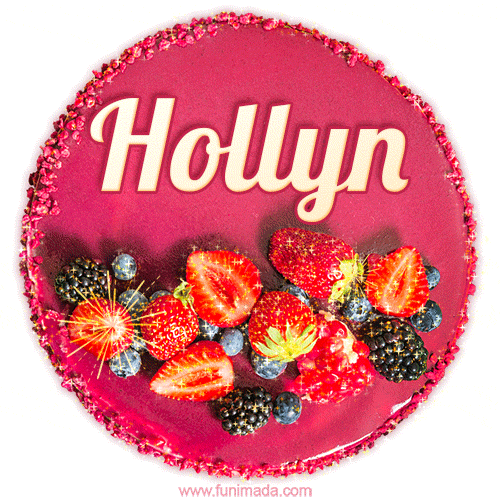 Beautifully decorated red velvet berry birthday cake with vibrant fruits and a glowing 'Hollyn' name, adding a touch of sweetness and sparkle.