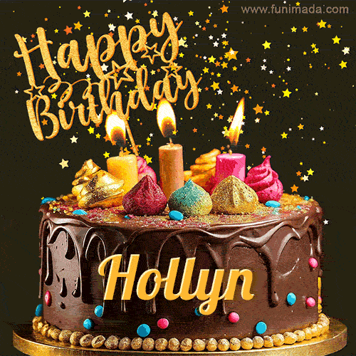 A delightful chocolate birthday cake with bright candles and 'Happy Birthday Hollyn' written in gold amidst a shower of animated stars.