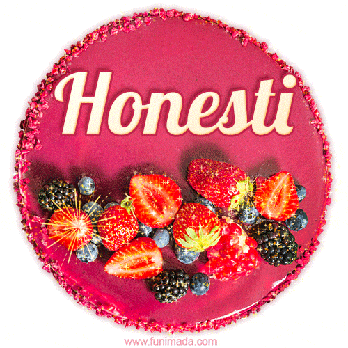 Beautifully decorated red velvet berry birthday cake with vibrant fruits and a glowing 'Honesti' name, adding a touch of sweetness and sparkle.
