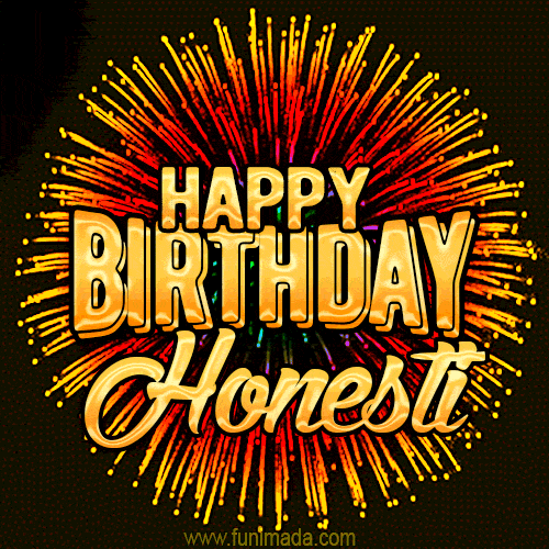 Golden 'Happy Birthday Honesti' text accompanied by animated rainbow fireworks for a festive animated greeting.