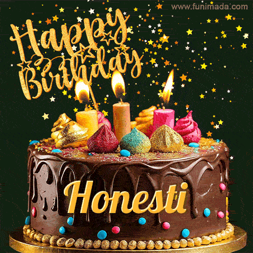 A delightful chocolate birthday cake with bright candles and 'Happy Birthday Honesti' written in gold amidst a shower of animated stars.