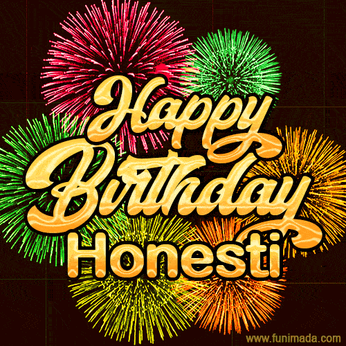 Golden text reading 'Happy Birthday Honesti' surrounded by vibrant fireworks in red, green, and yellow, set against a dark background in this celebratory birthday GIF.