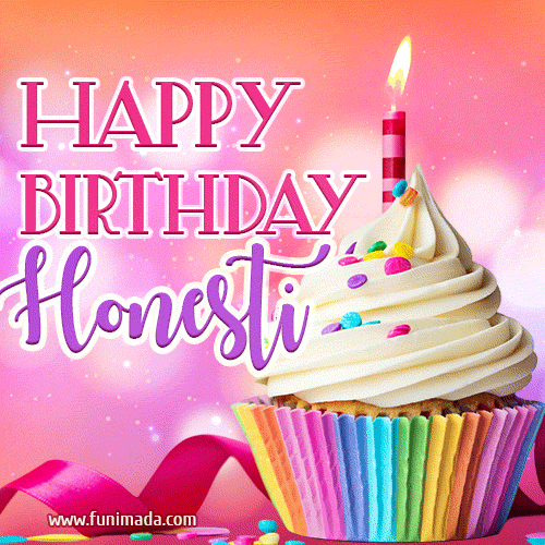 A vibrant birthday GIF featuring a rainbow-colored cupcake topped with white frosting, sprinkles, and a lit candle. The text reads 'Happy Birthday Honesti' in bold pink and violet letters with white outline.