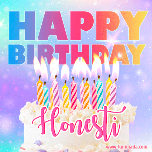 A vibrant animated name GIF with the words 'Happy Birthday Honesti' with colorful candles on a creamy cake. The background sparkles with pastel shades, adding a festive touch.