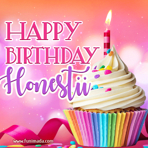 A vibrant birthday GIF featuring a rainbow-colored cupcake topped with white frosting, sprinkles, and a lit candle. The text reads 'Happy Birthday Honestii' in bold pink and violet letters with white outline.
