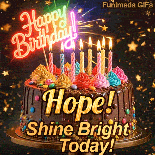 Glowing pink neon Happy Birthday sign and bright burning candles on a chocolate frosted cake with the name Hope!
