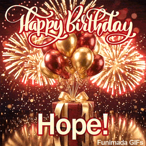 Detailed view of gold and burgundy metallic balloons tied to a large red gift box with a wide satin golden ribbon and name Hope