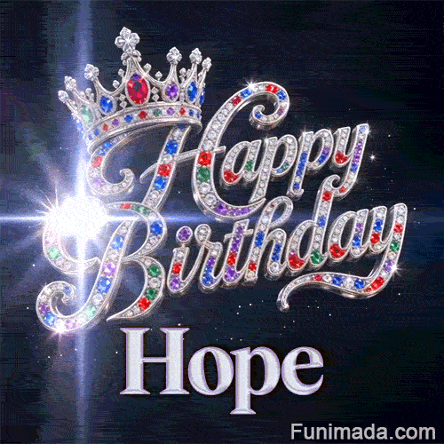 Shimmering animated card with a royal silver crown and crystal lettering on a dark backdrop for Hope's celebration.